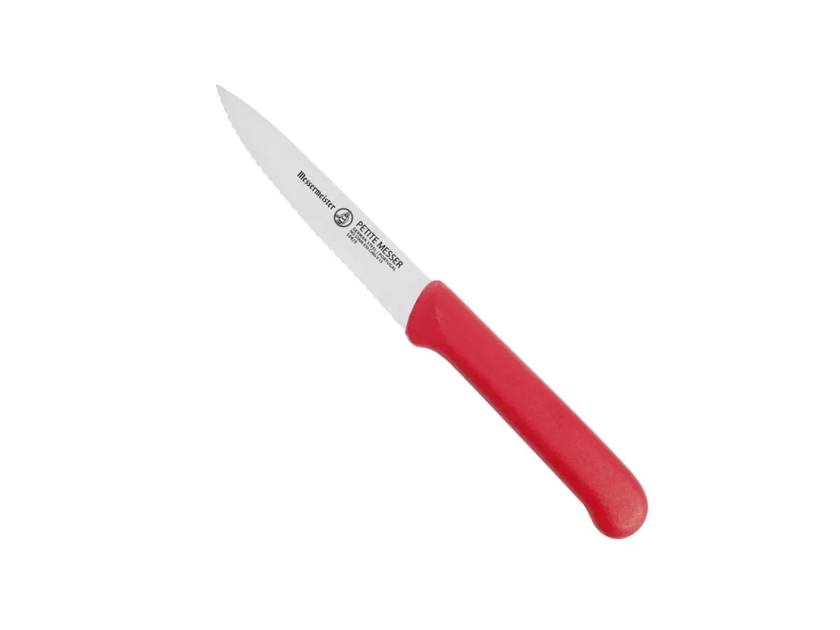 Messermeister Petite Messer Červený zoubkovaný loupací nůž 10 cm + Pouzdro