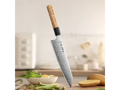 Cuțit Bunka Hezhen PM8B Retro Series 215 mm (8,5”) – Aogami No 2, Damasc