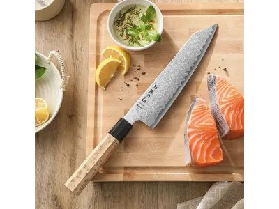 Cuțit Bunka Hezhen PM8B Retro Series 215 mm (8,5”) – Aogami No 2, Damasc